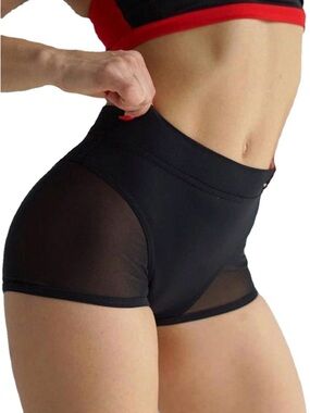High-Waist Black Mesh Panel Athletic Shorts